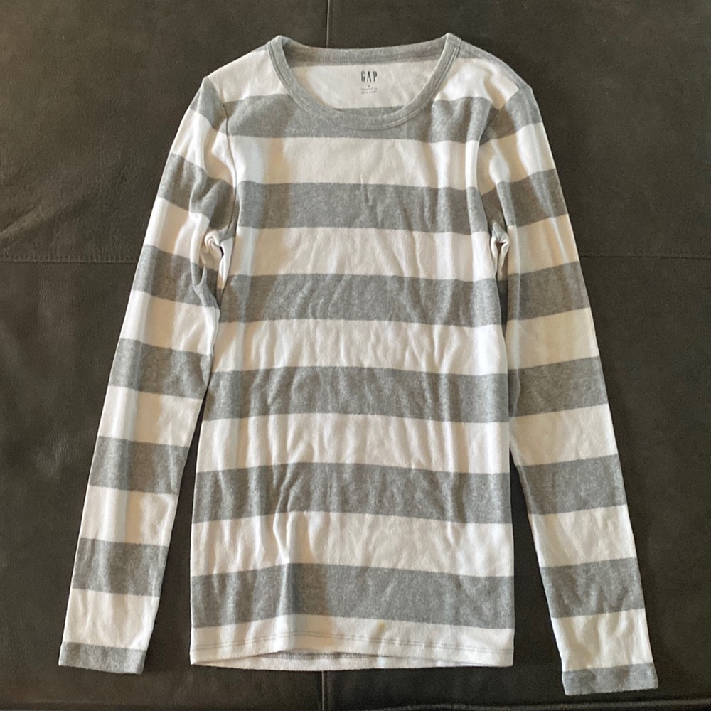 White and gray striped sweater